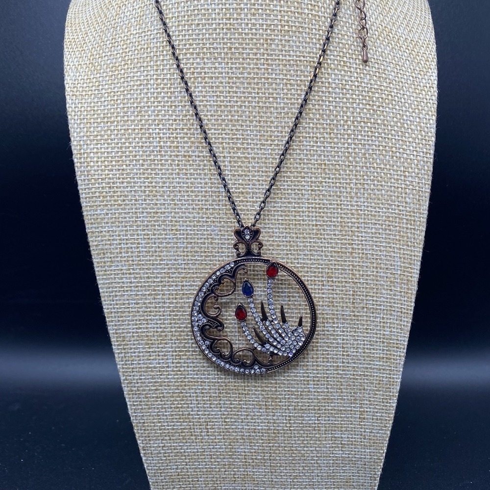 Unsigned Bronze Tone Necklace Gothic Red Crystal 28"
